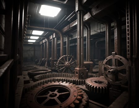 A gloomy background in the style of dystopia and steampunk. Vintage gears and mechanisms in an abandoned factory