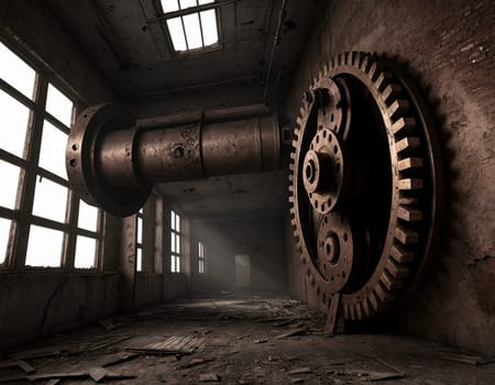 A gloomy background in the style of dystopia and steampunk. Vintage gears and mechanisms in an abandoned factory