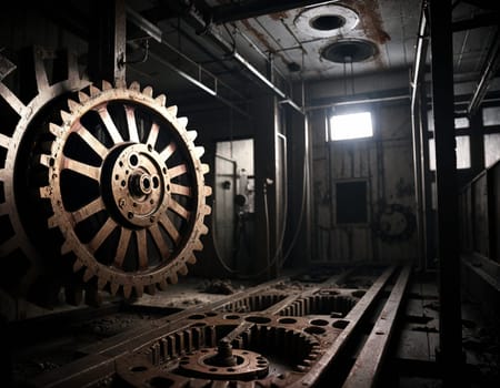 A gloomy background in the style of dystopia and steampunk. Vintage gears and mechanisms in an abandoned factory