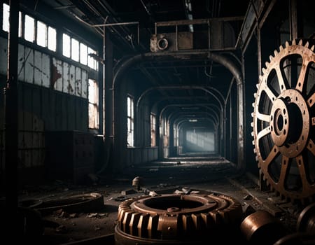 A gloomy background in the style of dystopia and steampunk. Vintage gears and mechanisms in an abandoned factory