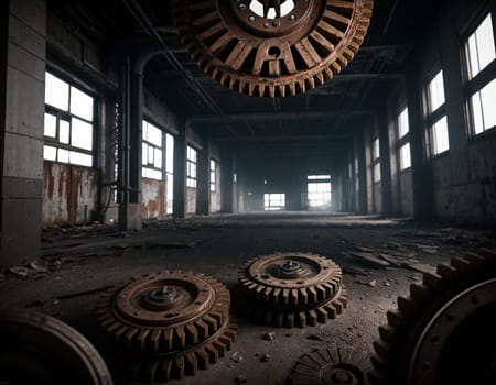 A gloomy background in the style of dystopia and steampunk. Vintage gears and mechanisms in an abandoned factory