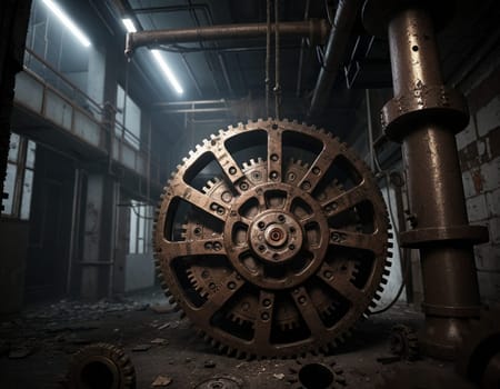 A gloomy background in the style of dystopia and steampunk. Vintage gears and mechanisms in an abandoned factory