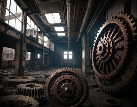 A gloomy background in the style of dystopia and steampunk. Vintage gears and mechanisms in an abandoned factory