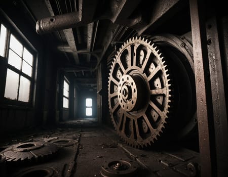 A gloomy background in the style of dystopia and steampunk. Vintage gears and mechanisms in an abandoned factory