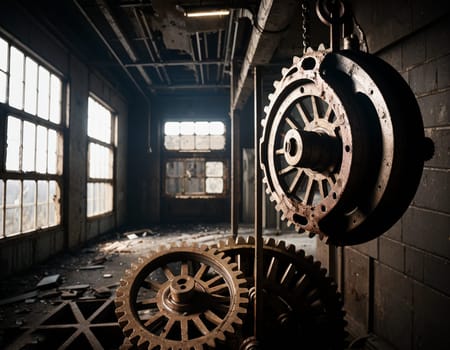 A gloomy background in the style of dystopia and steampunk. Vintage gears and mechanisms in an abandoned factory