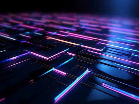 3D Abstract technology, purple and blue neon background of lines and dots, science and technology business concept of digital future technologies. AI