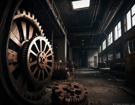 A gloomy background in the style of dystopia and steampunk. Vintage gears and mechanisms in an abandoned factory