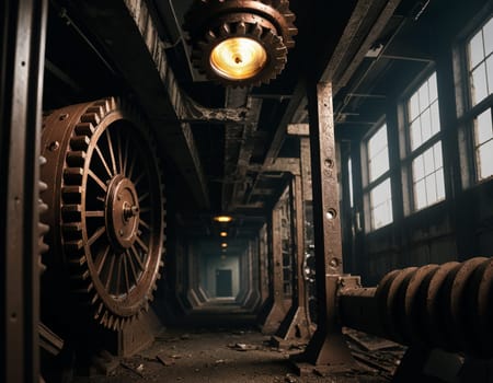 A gloomy background in the style of dystopia and steampunk. Vintage gears and mechanisms in an abandoned factory