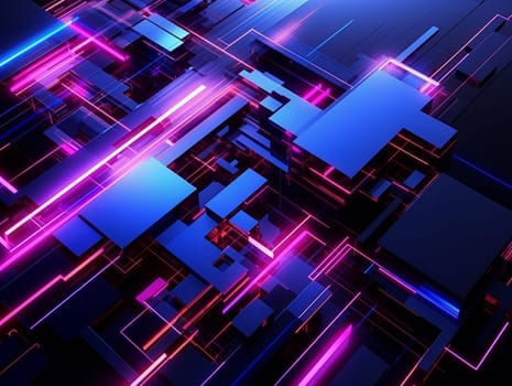 3D Abstract technology, purple and blue neon background of lines and dots, science and technology business concept of digital future technologies. AI