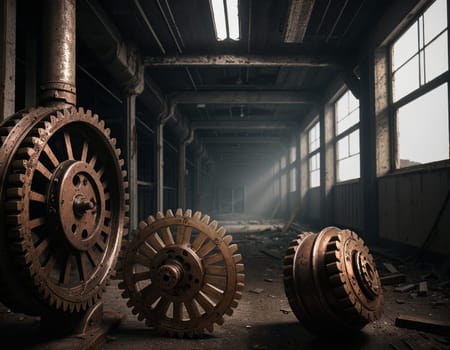 A gloomy background in the style of dystopia and steampunk. Vintage gears and mechanisms in an abandoned factory