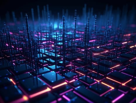 3D Abstract technology, purple and blue neon background of lines and dots, science and technology business concept of digital future technologies. AI