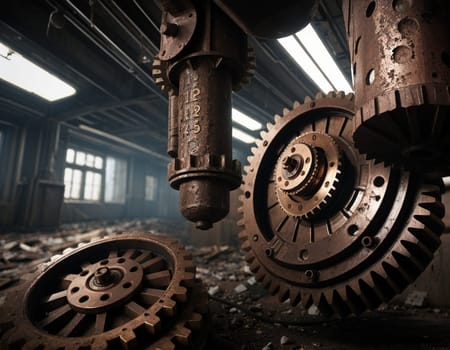 A gloomy background in the style of dystopia and steampunk. Vintage gears and mechanisms in an abandoned factory