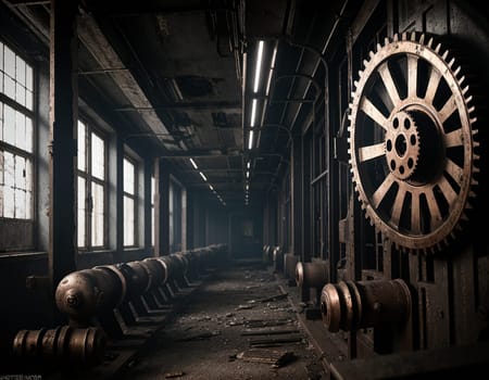 A gloomy background in the style of dystopia and steampunk. Vintage gears and mechanisms in an abandoned factory