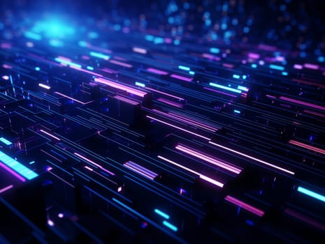 3D Abstract technology, purple and blue neon background of lines and dots, science and technology business concept of digital future technologies. AI