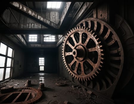 A gloomy background in the style of dystopia and steampunk. Vintage gears and mechanisms in an abandoned factory