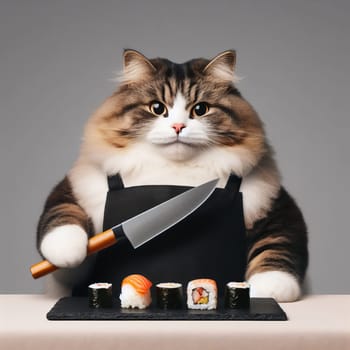 A fat cat in an apron with a knife in his paws prepares sushi on a uniform gray background. High quality photo