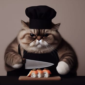 A fat cat in an apron with a knife in his paws prepares sushi on a uniform gray background. High quality photo