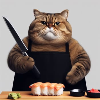 A fat cat in an apron with a knife in his paws prepares sushi on a uniform gray background. High quality photo