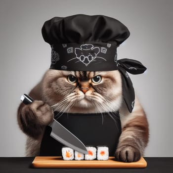 A fat cat in an apron with a knife in his paws prepares sushi on a uniform gray background. High quality photo