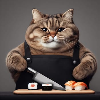 A fat cat in an apron with a knife in his paws prepares sushi on a uniform gray background. High quality photo