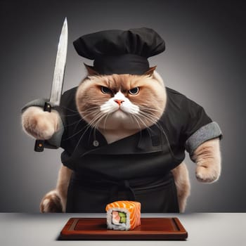 A fat cat in an apron with a knife in his paws prepares sushi on a uniform gray background. High quality photo