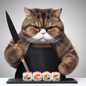 A fat cat in an apron with a knife in his paws prepares sushi on a uniform gray background. High quality photo