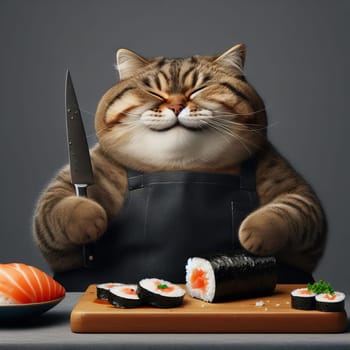 A fat cat in an apron with a knife in his paws prepares sushi on a uniform gray background. High quality photo