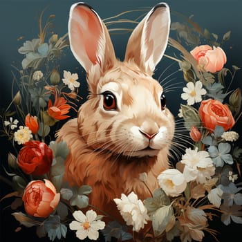 Happy easter! Easter bunny colorful spring flowers. cute classic illustrations of easter eggs in a field of flowers with Easter bunny, nest, bunnies and a festive frame with greeting text for a greeting card, poster or background Copy space