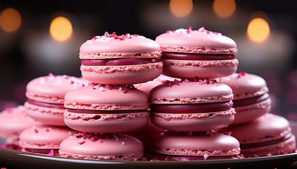 Stack of colorful pink cream filled French macaroons on dark black background. Traditional confections for Valentine's Day, Mother's Day, wedding or romantic love. Closeup with pastel colors. Copy space