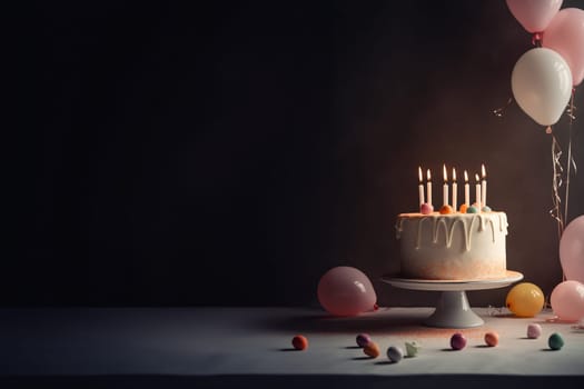 White birthday cake with candles and sprinkles on the dark table, rustic style. Generative AI