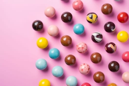 An assortment of homemade chocolate bonbons on the pink background. Modern hand painted chocolate candy. Product concept for chocolatier. AI generation