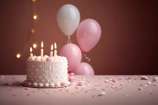 White and pink girl's birthday cake with candles on the pink background with balloons. Generative AI