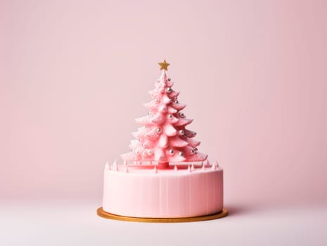 Beautiful creative Christmas cake with decoration in the form of a Christmas tree. Pink background. Christmas dessert.