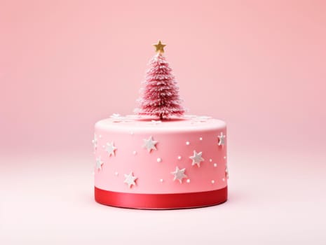 Beautiful creative Christmas cake with decoration in the form of a Christmas tree. Pink background. Christmas dessert.