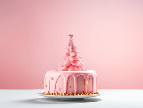 Beautiful creative Christmas cake with decoration in the form of a Christmas tree. Pink background. Christmas dessert.