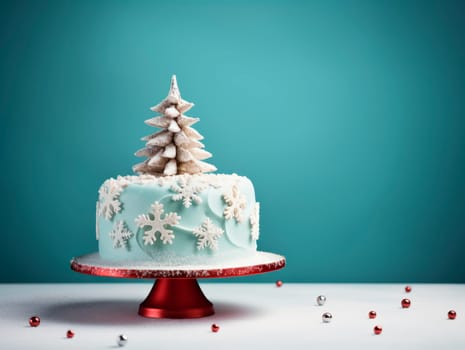 Beautiful creative Christmas cake with decoration in the form of a Christmas tree. Blue background. Christmas dessert.