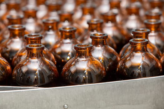 Glass bottles in a factory for the production of medical and veterinary drugs.