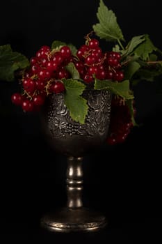 Red currant berries in a luxurious vintage glass on a dark background.Still life with berries in the style of the eighteenth century.