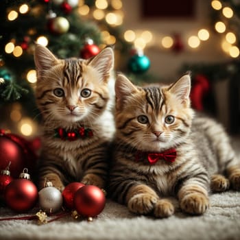 A Christmas card with two kittens is a small curious funny striped kittens with Christmas toys