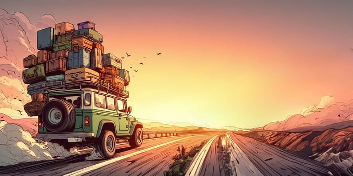 Huge pile luggage on jump slope 4x4 jeep roof, nomadic lifestyle vacation travel, comic fun art generated ai