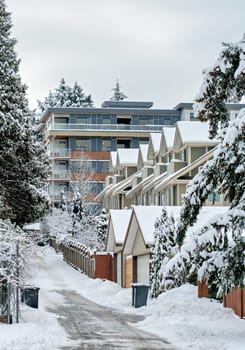 Back yard road of residential townhouses in snow on winter season in Vancouver, Canada