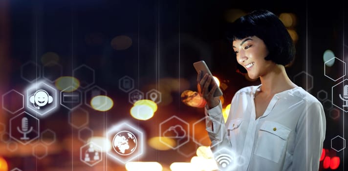 Woman, phone and digital transformation in the night city for networking, global communication or technology software icons. Female in futuristic big data, social media or innovation on smartphone.
