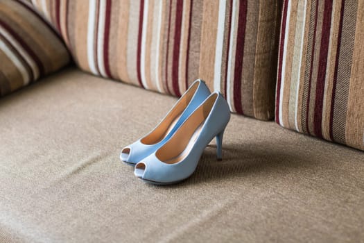 blue woman beautiful shoes on high heels
