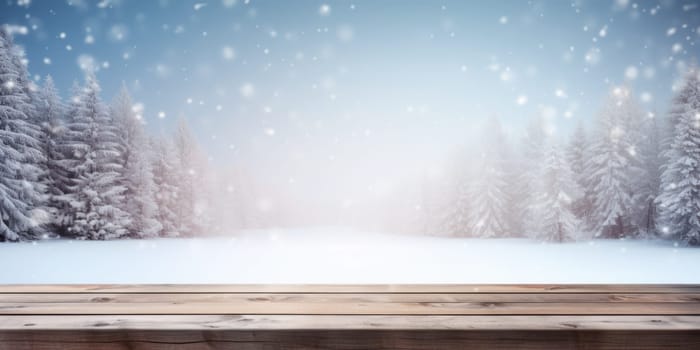 Empty table in beautiful winter landscape, wood plank board in snow mountain outdoor comeliness