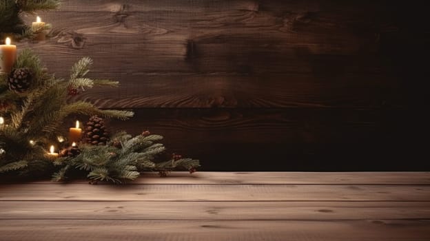 Merry Christmas and Happy New Year background with empty wooden table over Christmas tree and blurred light bokeh. Empty display for product placement. Rustic vintage Xmas 2024 background. comeliness