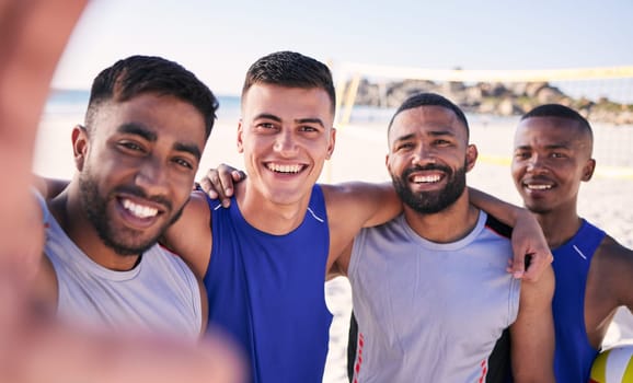 Selfie, portrait or volleyball team at beach with support in sports training, exercise or fitness workout. Smile, teamwork or happy men on mobile app for social media picture or group photo in game.