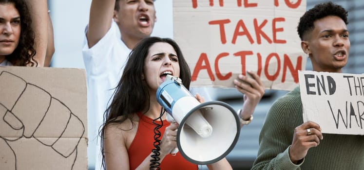 Community, justice and woman with a megaphone for protest announcement, change or power. Speaker, transformation and crowd of people with bullhorn for rally, vote or freedom, government or speech.