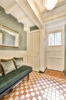 a living room with a green couch and decorative wallpapers on the walls, along with a large mirror