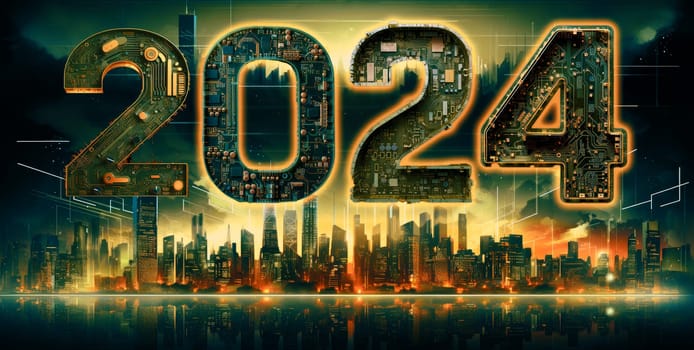 2024 new year, digital technology concept, above futuristic city skyline computer and artificial intelligence, AI for 2024 taintless lifestyle