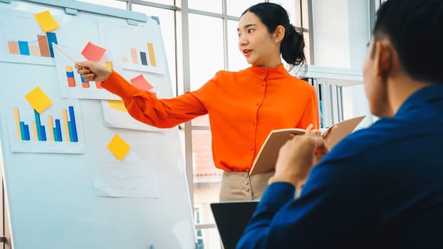 Young woman explains business data on white board in casual office room . The confident Asian businesswoman reports information progress of a business project to partner to determine strategy . Jivy